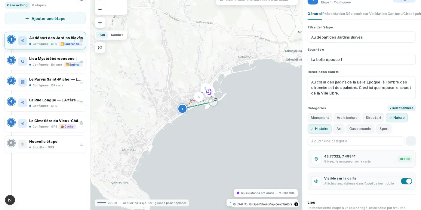 Backoffice UrbaDiscover — Constructeur de parcours, capture réelle de l'interface