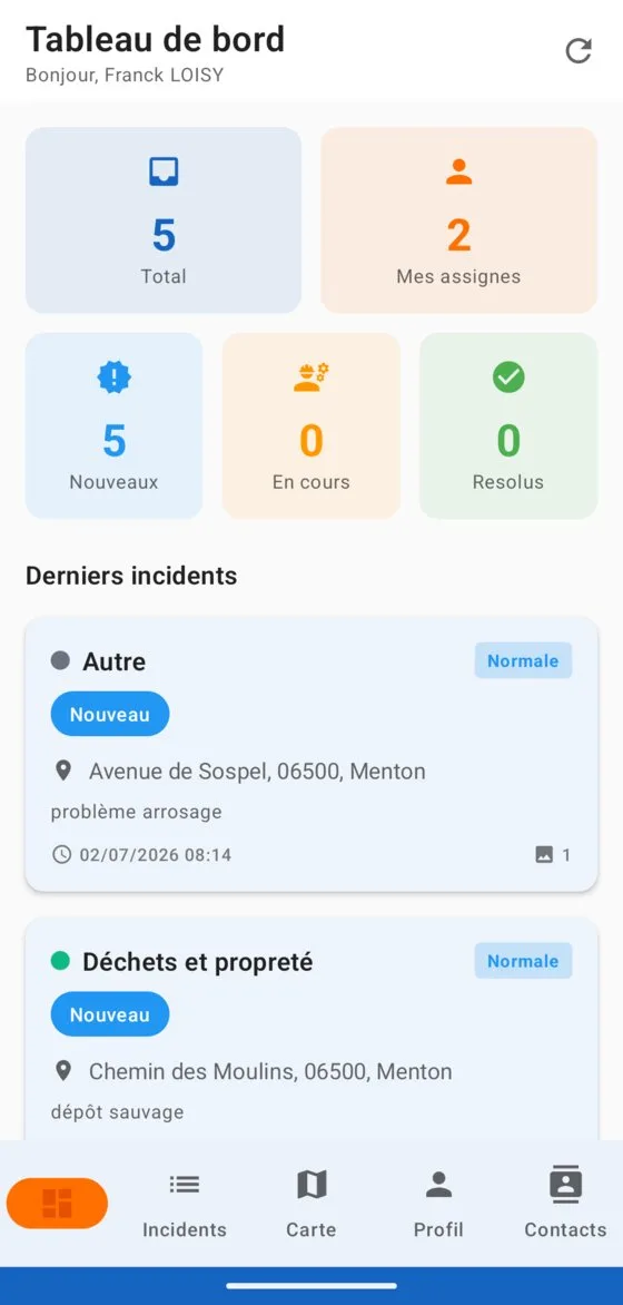 Application agents UrbaFix : tableau de bord de l'agent