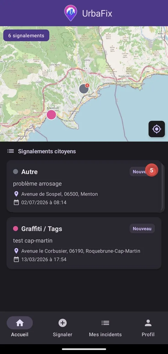 Application citoyenne UrbaFix : carte et liste des signalements