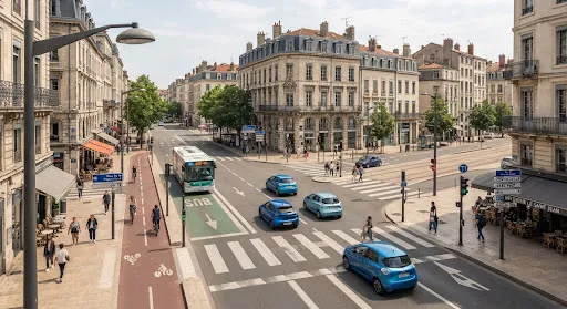 Illustration : vue en hauteur d'un carrefour urbain avec piste cyclable et passage piéton