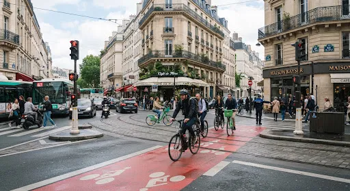 Illustration : carrefour urbain avec cyclistes et feux de circulation