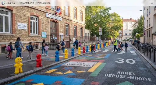 Illustration : abords d'une école avec marquage au sol et potelets