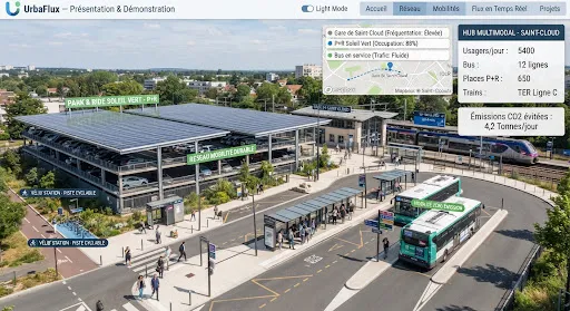 Illustration : parking relais près d'une gare avec bus et voyageurs